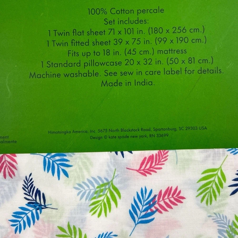 Kate Spade - ‘Tropical Leaf’ Twin Sheet Set. NWT. Firm!